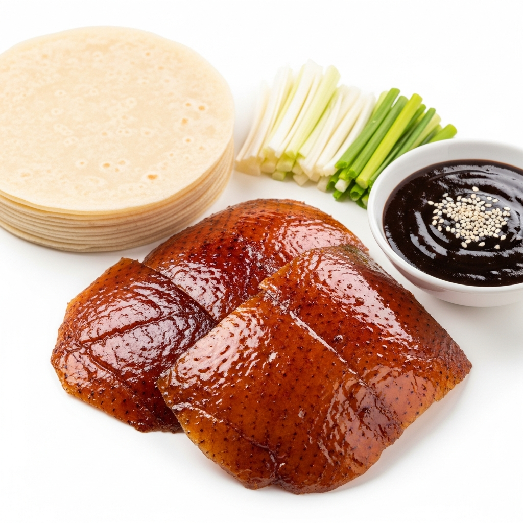 Peking Duck with thin crispy skin, pancakes, sweet bean sauce and scallions