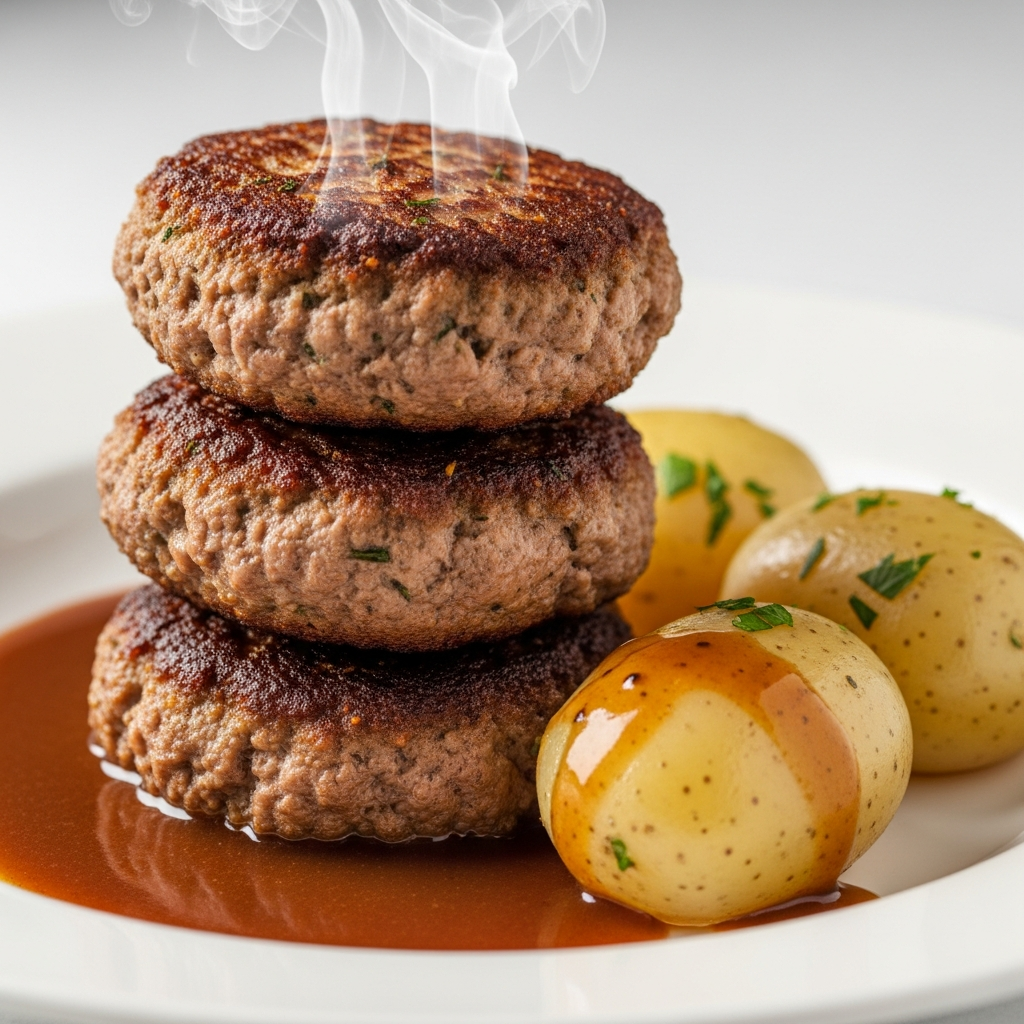 Kjøttkaker with Seasoned Meat Cakes, Brown Gravy, and Boiled Potatoes