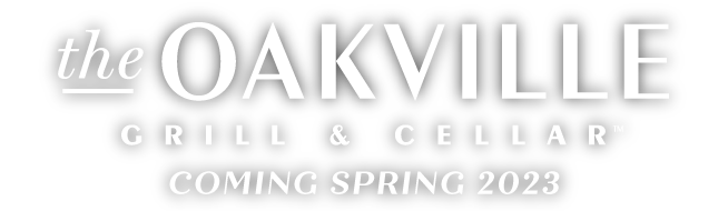 restaurant logo, stylized white text of the Oakville name, with a sub-heading that reads coming April 2023