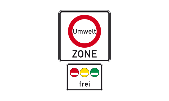 If your car has a petrol engine but does not have an emissions sticker, are  you allowed to enter an environmental zone which is sign-posted as follows?  - 2.5.01-118