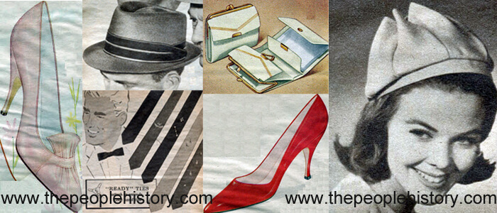 Fashion Accessories Examples From 1962 Tapered Toe Pump, Telescope Hat, Ready Ties, French Purse, Red Patent Pump, Pixie Beret