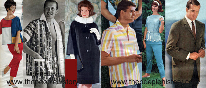 Fashion Clothing Examples From 1962  Colorblock Pajamas, Mens Cabana Set, Mink Collar Coat, Striped Top, Tunic and Capri Pants, Overplaid Sport Coat
