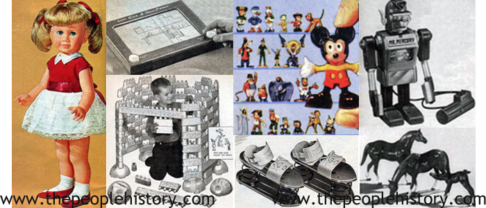 1962 Toys including Chatty Cathy Doll, Etch A Sketch, Flintstones Building Boulders, Disneykins, Satellite Jumping Shoes, Mr. Mercury, Horse Figures