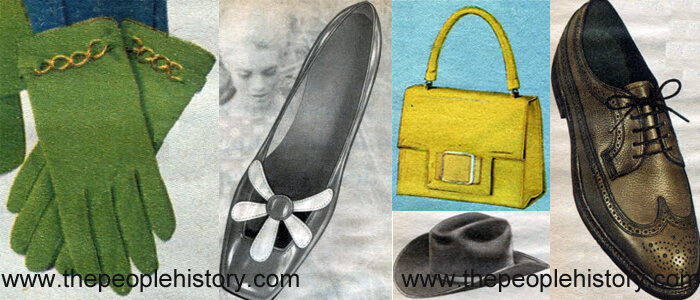 Fashion Accessories Examples From 1968 Green Gloves, Flower Trim Shoe, Patent Handbag, Western Hat, Wing Tip Oxford