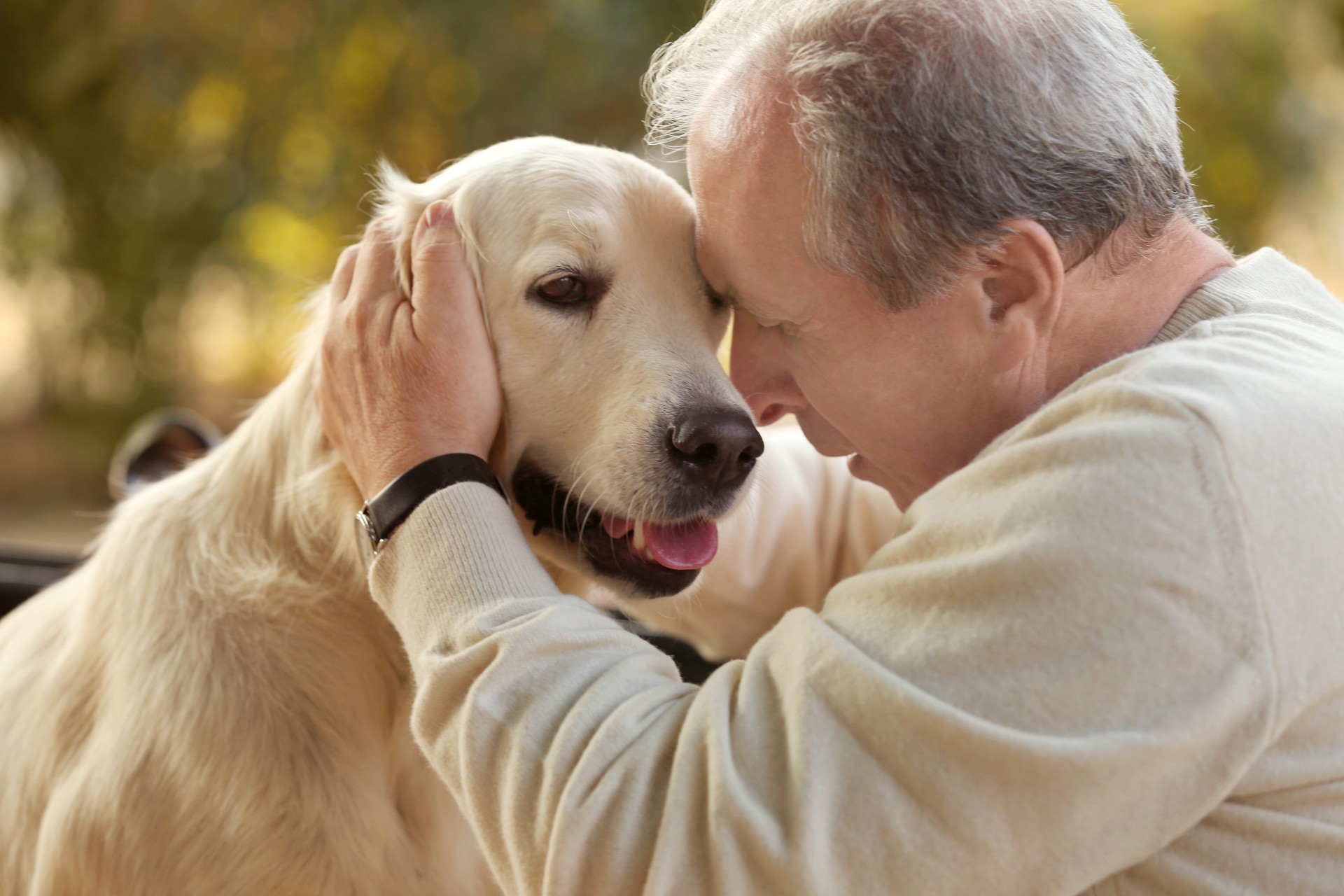 Senior man petting his dog