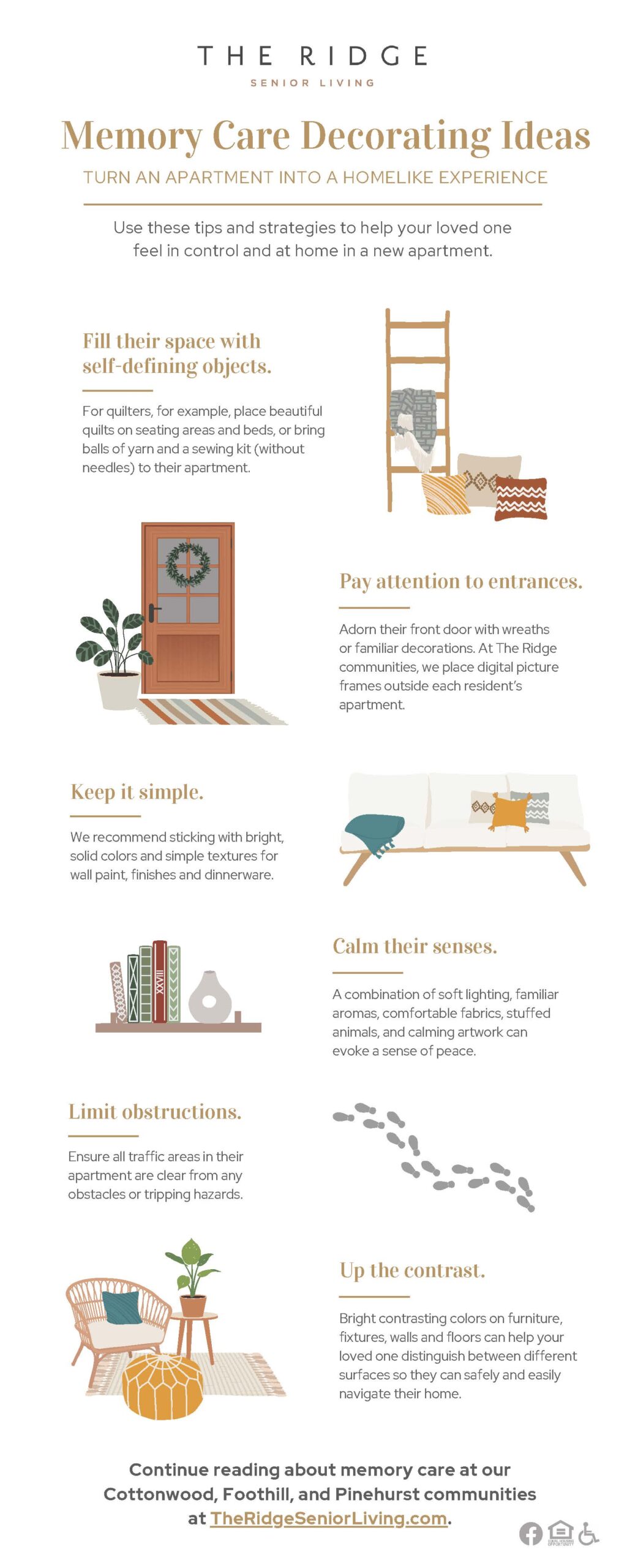 An infographic showing the ways you can make a memory care apartment or room comfortable for someone with dementia and memory loss