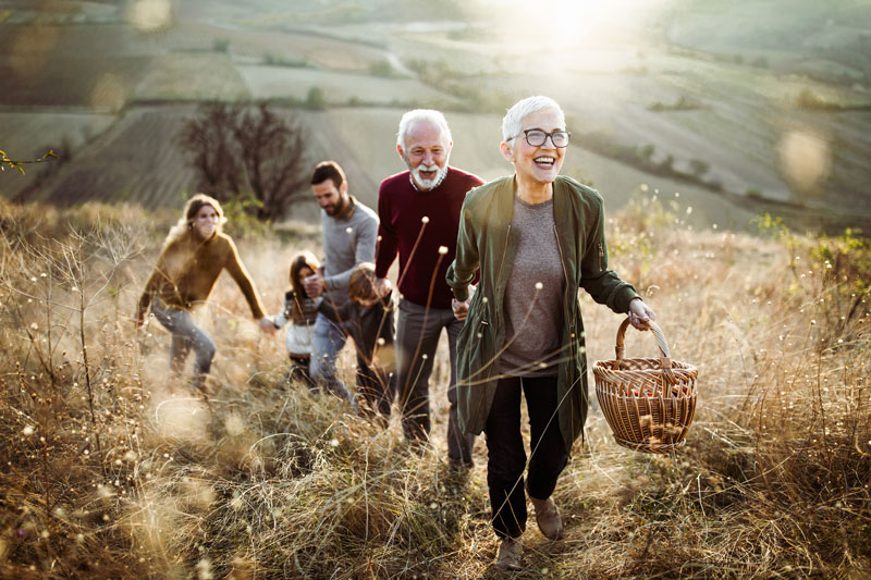 Senior man and senior woman holding a wicker basket are hiking in a meadow with their children and grandchildren