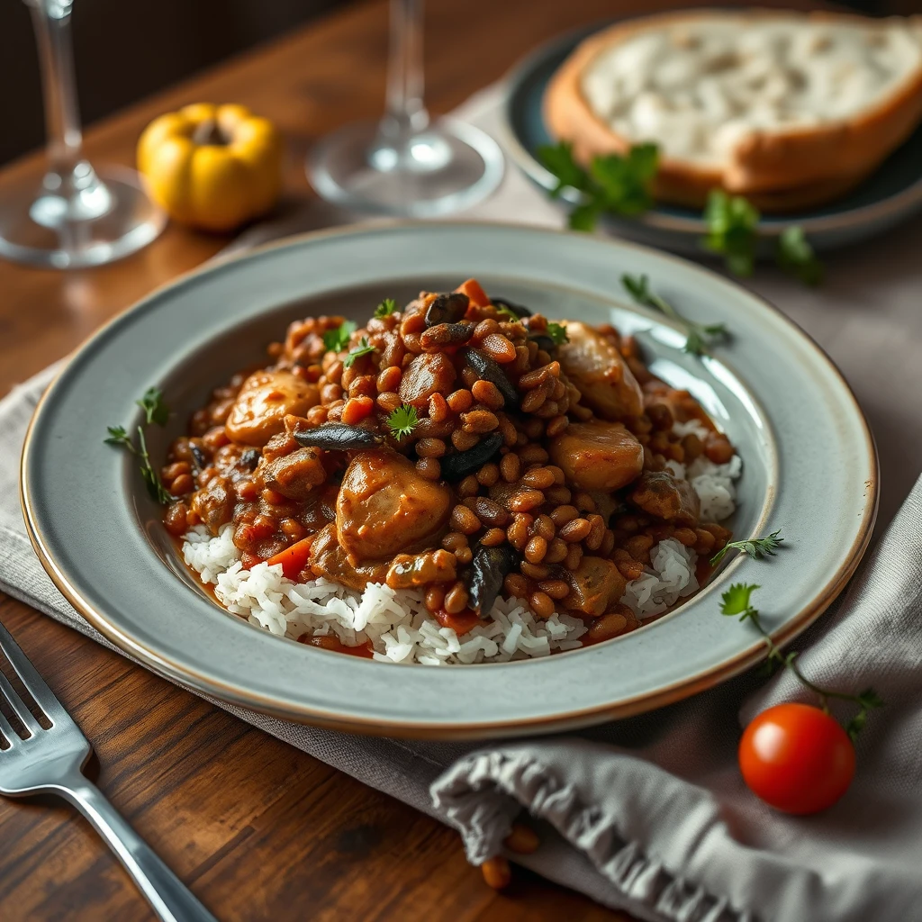 Zencefilli Hindi ve Közlenmiş Patlıcanlı Kırmızı Mercimek Yahnisi