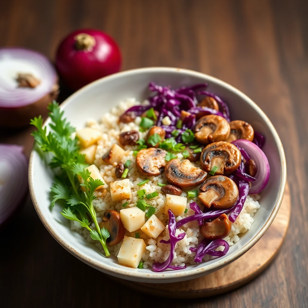 Spiced Red Cabbage and Mushroom Rice Bowl