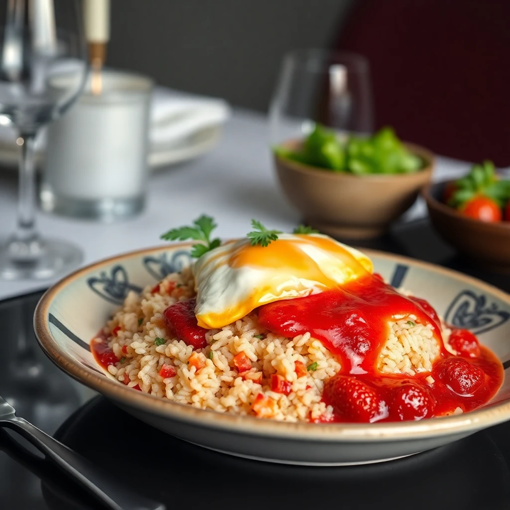 Sebzeli Pirinç Pilavı ve Kuruyemişli Çilek Soslu Tulum Peynirli Yumurta