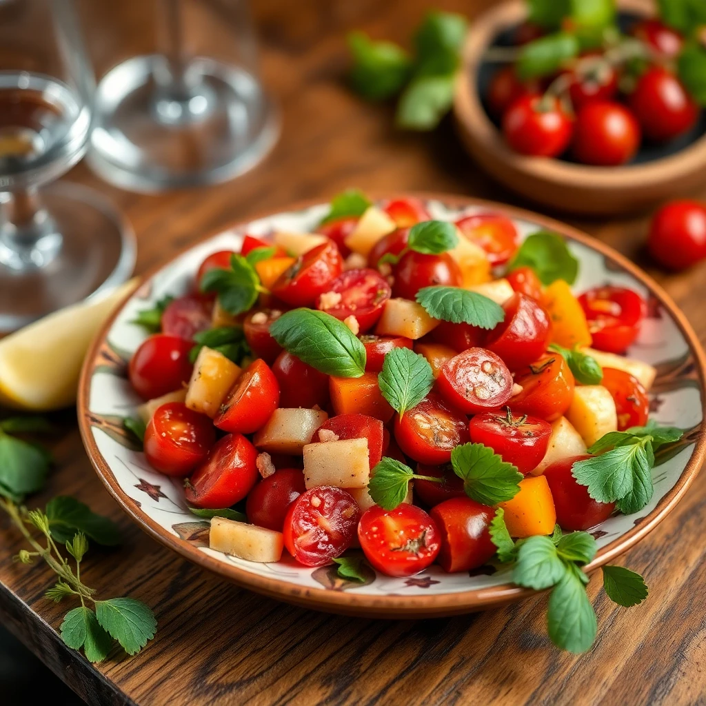 Közlenmiş Patlıcanlı Cherry Domatesli Soğan Salatası