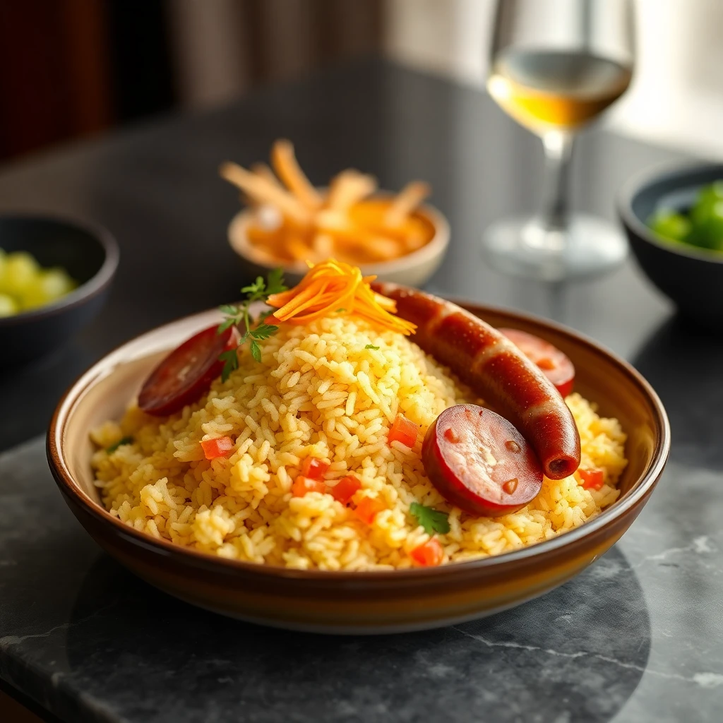 Saffron Sticky Rice with Chinese Sausage and Vegetables