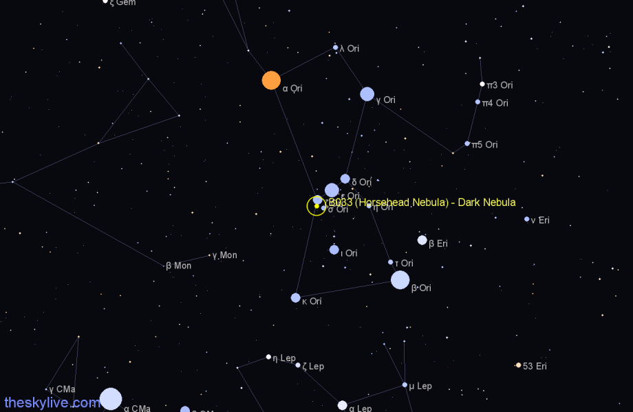 Finder chart B033 (Horsehead Nebula) - Dark Nebula in Orion star