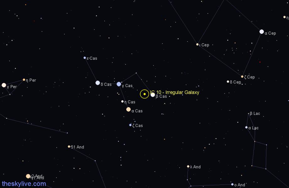 Finder chart IC 10 - Irregular Galaxy in Cassiopeia star