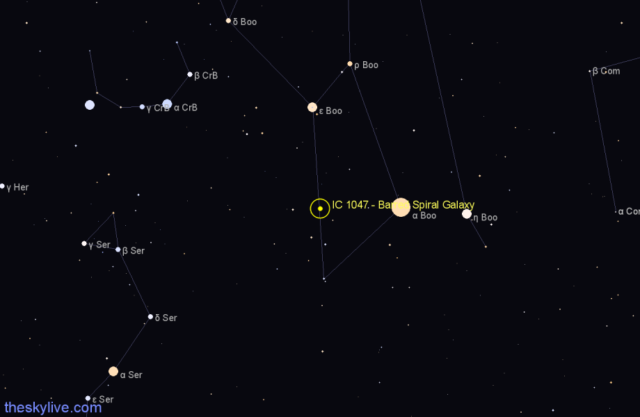 Finder chart IC 1047 - Barred Spiral Galaxy in Boötes star