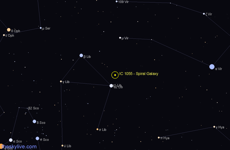 Finder chart IC 1055 - Spiral Galaxy in Libra star