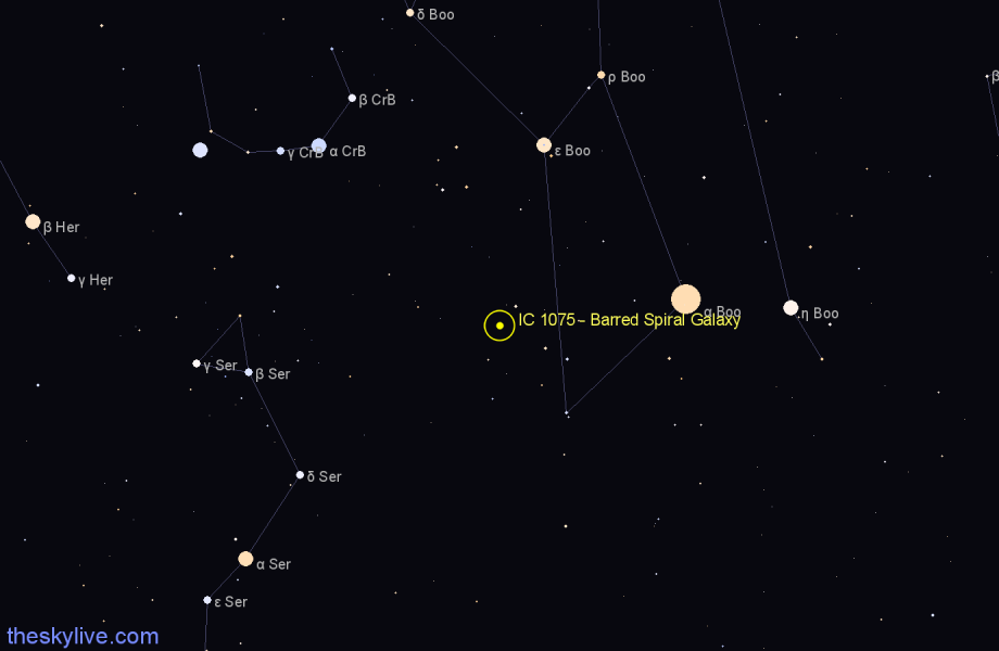 Finder chart IC 1075 - Barred Spiral Galaxy in Boötes star