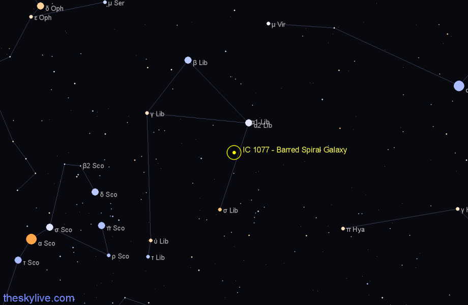 Finder chart IC 1077 - Barred Spiral Galaxy in Libra star