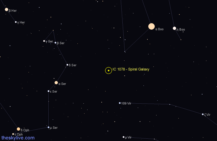 Finder chart IC 1078 - Spiral Galaxy in Boötes star