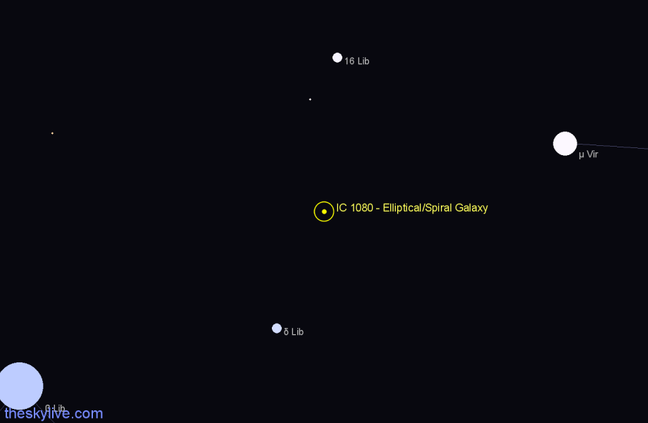 Finder chart IC 1080 - Elliptical/Spiral Galaxy in Libra star