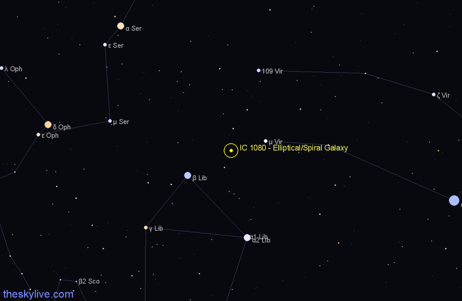 Finder chart IC 1080 - Elliptical/Spiral Galaxy in Libra star