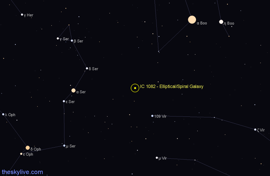 Finder chart IC 1082 - Elliptical/Spiral Galaxy in Virgo star