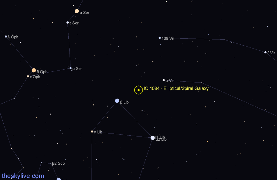 Finder chart IC 1084 - Elliptical/Spiral Galaxy in Libra star