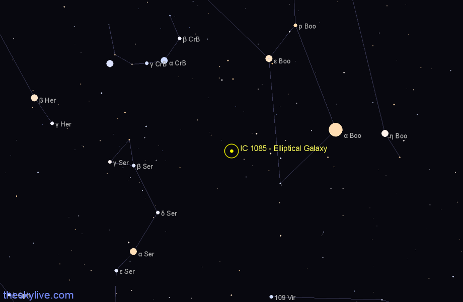 Finder chart IC 1085 - Elliptical Galaxy in Boötes star