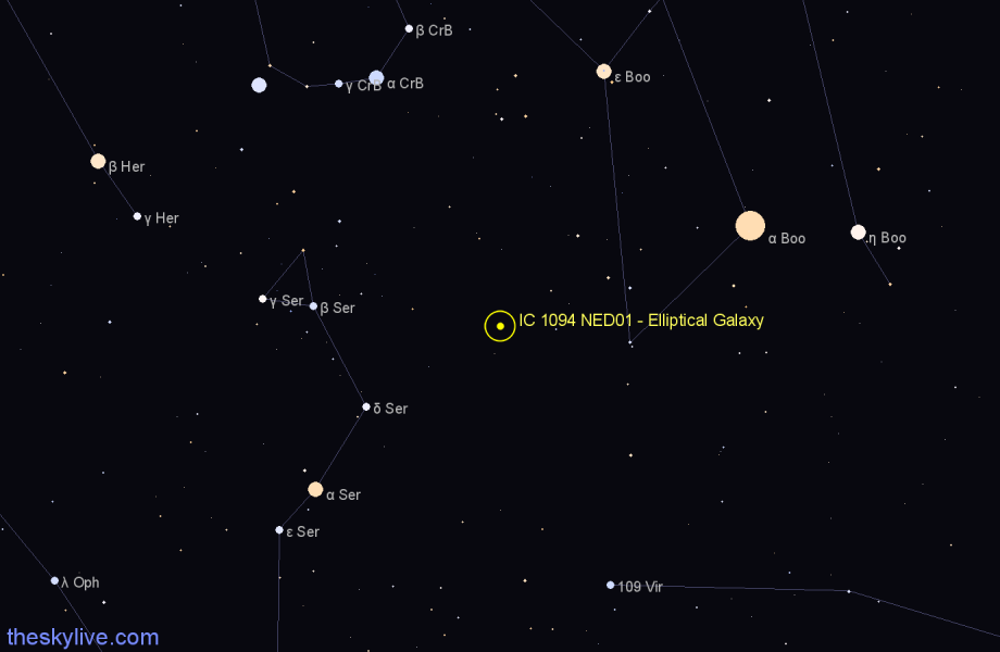 Finder chart IC 1094 NED01 - Elliptical Galaxy in Boötes star