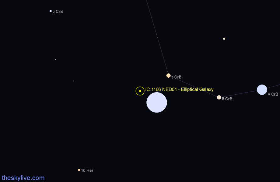 Finder chart IC 1166 NED01 - Elliptical Galaxy in Corona Borealis star