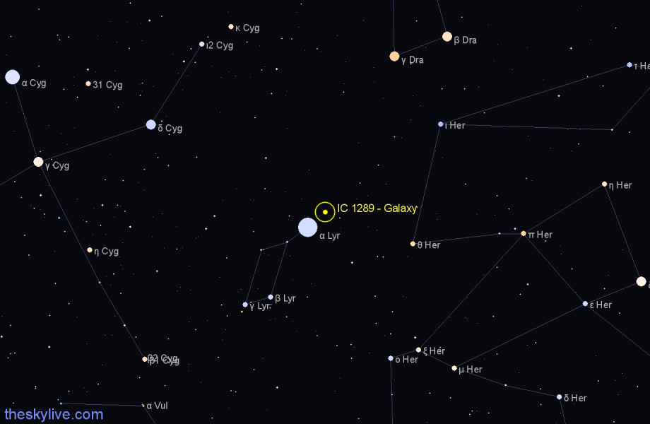 Finder chart IC 1289 - Galaxy in Lyra star