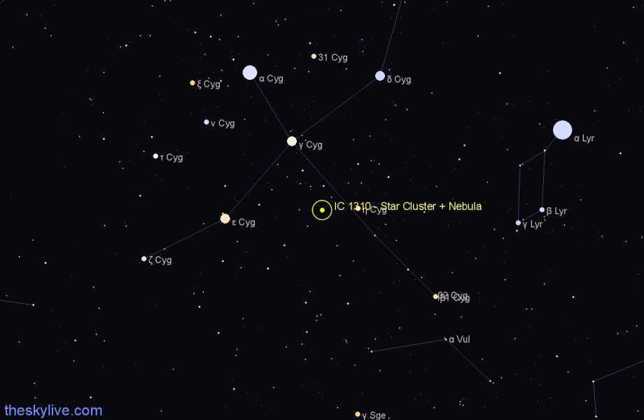 Finder chart IC 1310 - Star Cluster + Nebula in Cygnus star
