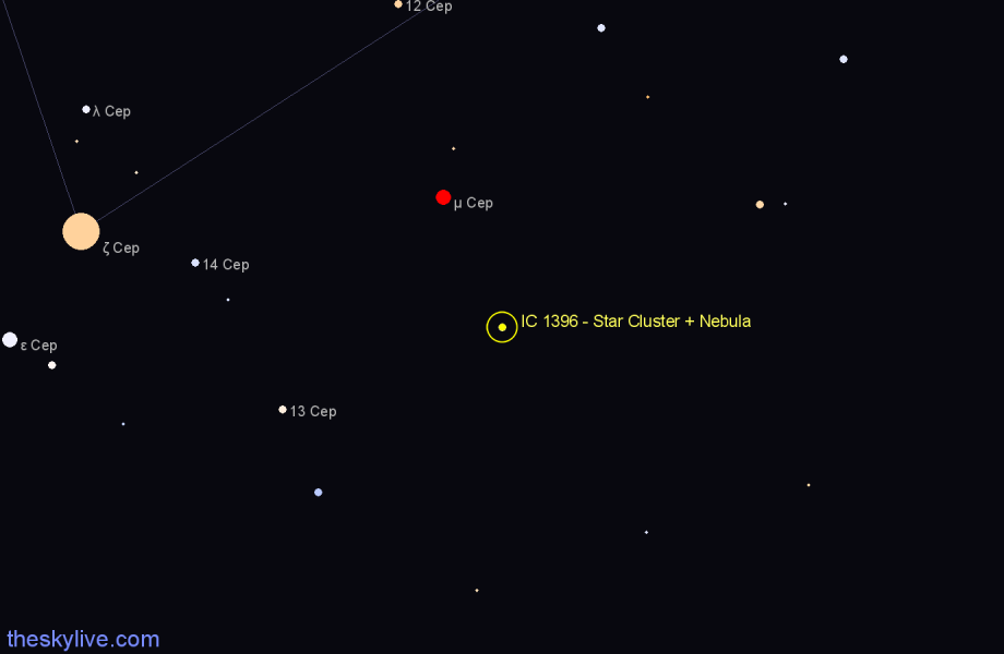 Finder chart IC 1396 - Star Cluster + Nebula in Cepheus star