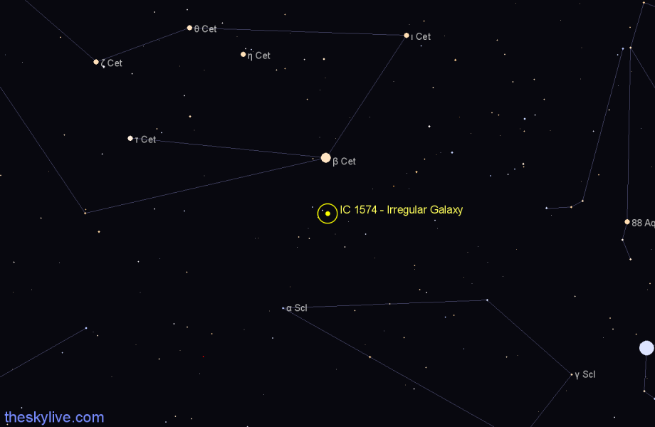 Finder chart IC 1574 - Irregular Galaxy in Cetus star