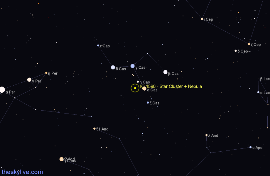 Finder chart IC 1590 - Star Cluster + Nebula in Cassiopeia star