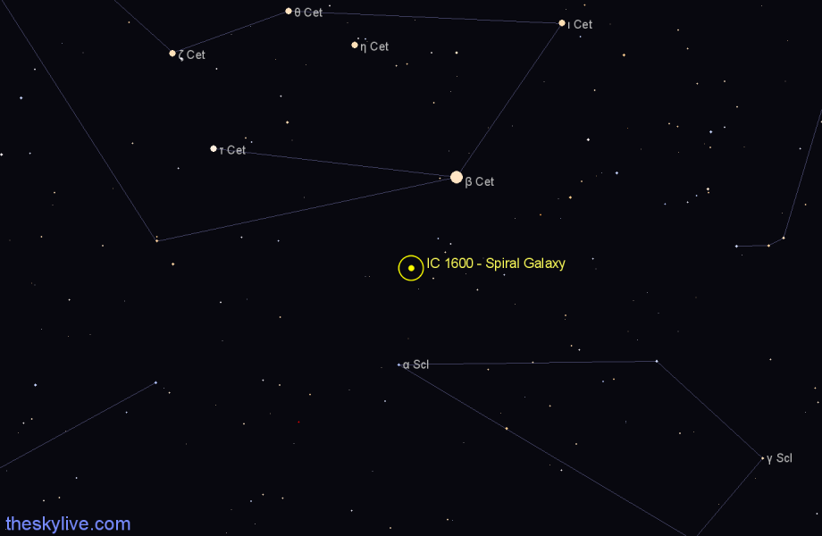 Finder chart IC 1600 - Spiral Galaxy in Cetus star