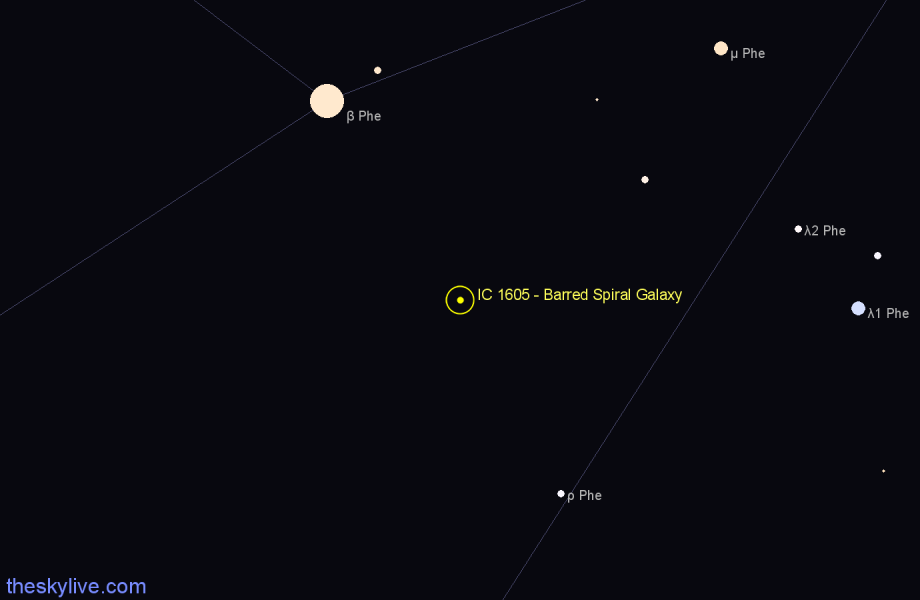 Finder chart IC 1605 - Barred Spiral Galaxy in Phoenix star