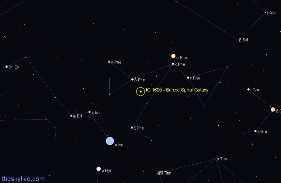 Finder chart IC 1605 - Barred Spiral Galaxy in Phoenix star