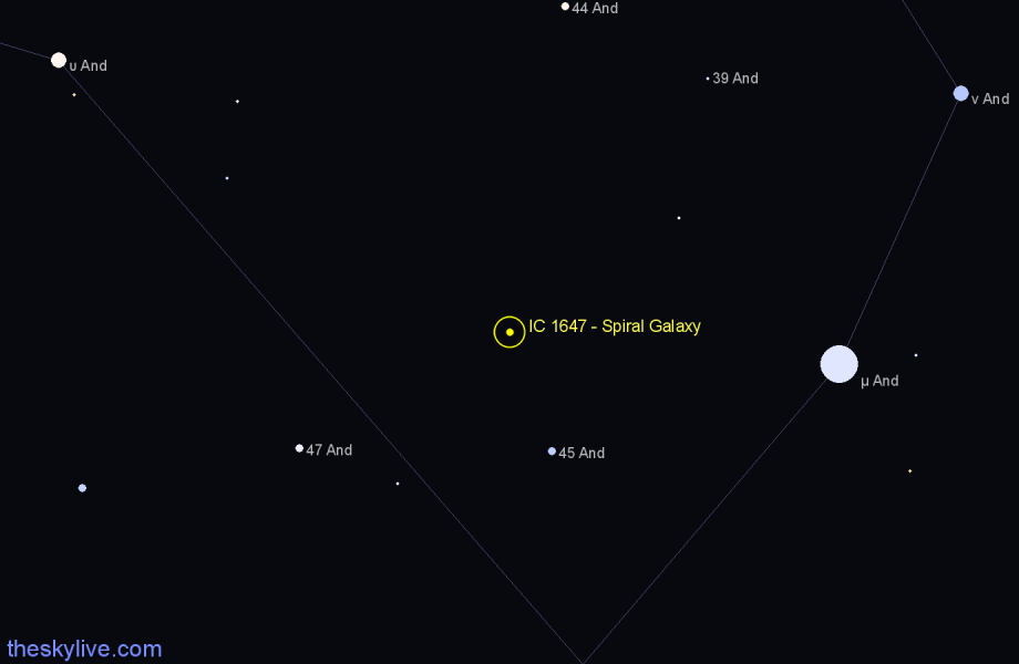 Finder chart IC 1647 - Spiral Galaxy in Andromeda star