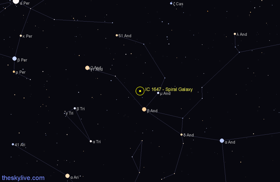 Finder chart IC 1647 - Spiral Galaxy in Andromeda star