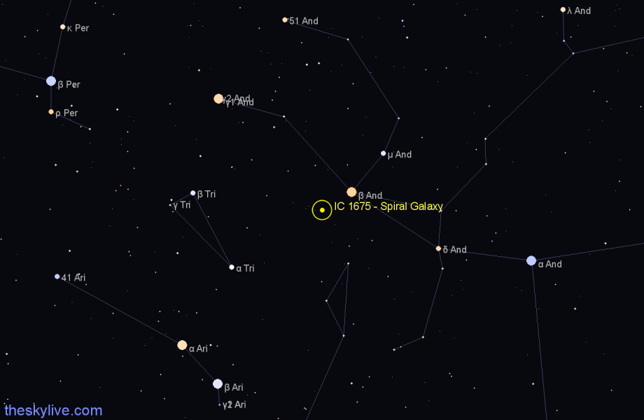 Finder chart IC 1675 - Spiral Galaxy in Andromeda star