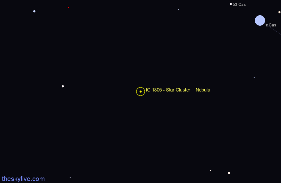 Finder chart IC 1805 - Star Cluster + Nebula in Cassiopeia star