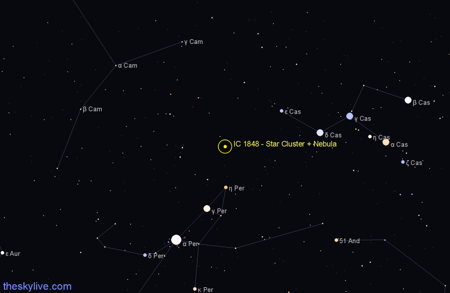 Finder chart IC 1848 - Star Cluster + Nebula in Cassiopeia star