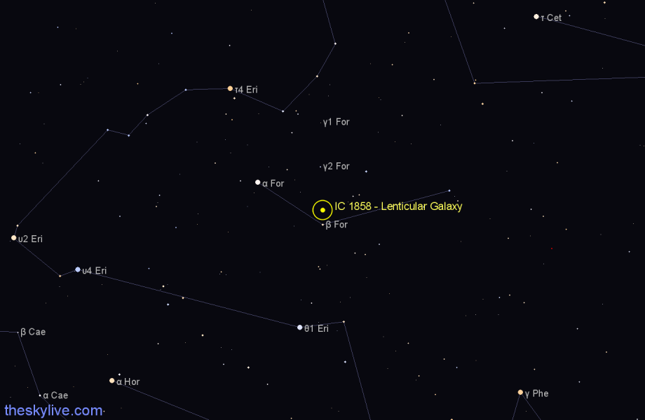 Finder chart IC 1858 - Lenticular Galaxy in Fornax star