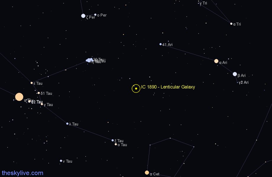 Finder chart IC 1890 - Lenticular Galaxy in Aries star