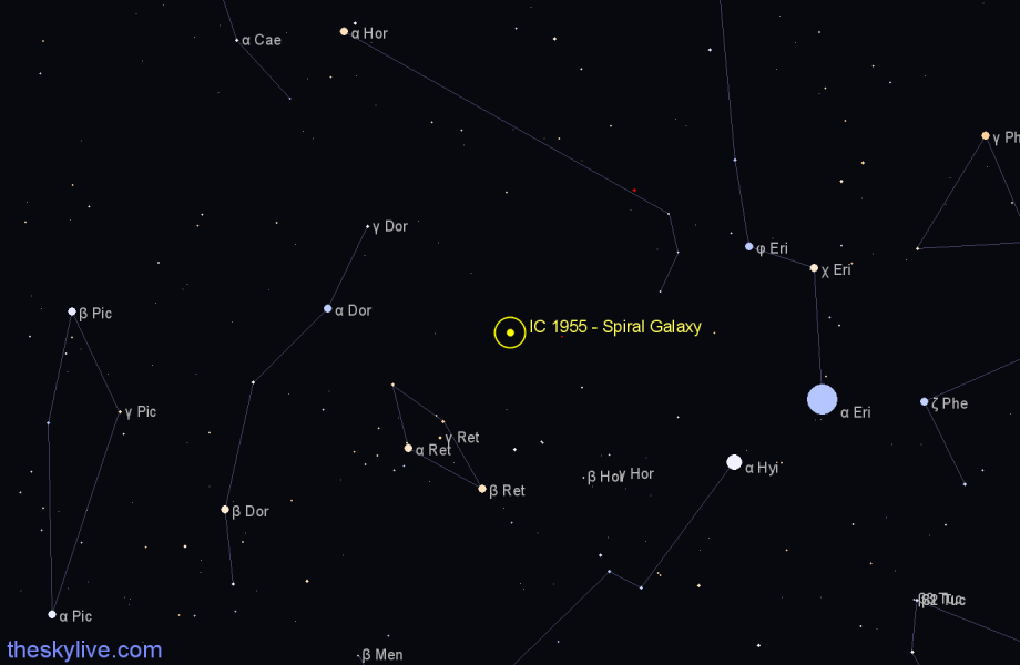 Finder chart IC 1955 - Spiral Galaxy in Reticulum star