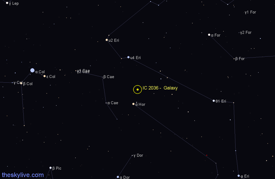 Finder chart IC 2036 -  Galaxy in Eridanus star