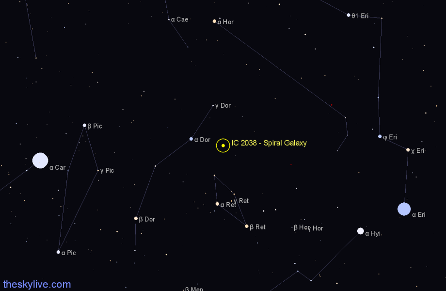 Finder chart IC 2038 - Spiral Galaxy in Dorado star