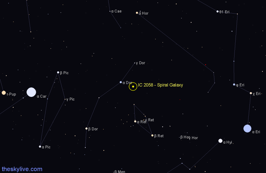 Finder chart IC 2058 - Spiral Galaxy in Dorado star