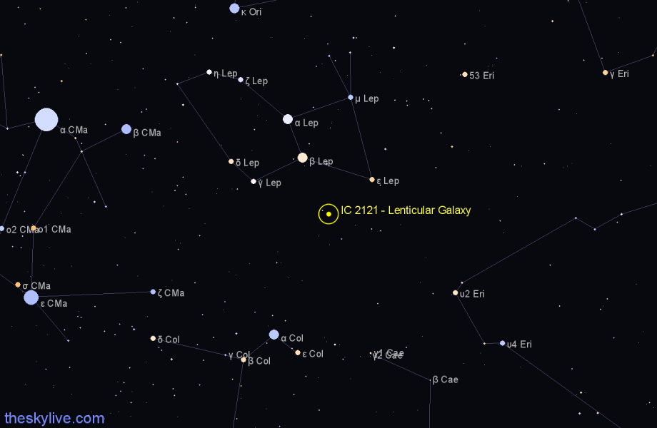 Finder chart IC 2121 - Lenticular Galaxy in Lepus star